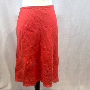 Ann Taylor 100% linen deep coral embroidered paisley print midi skirt size 12